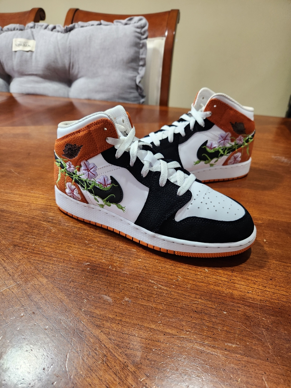 Jordan 1  in White, Black, Orange with Floral Embroidery Size 6 Youth Used